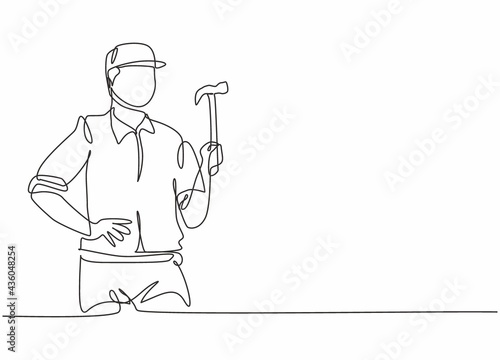 Single one line drawing of young handyman holding hammer ready to work. Professional job profession and occupation minimal concept. Continuous line draw design graphic vector illustration