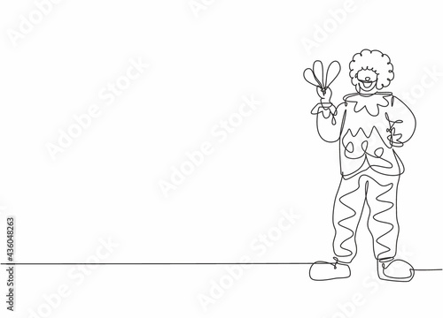Single one line drawing of young male clown pose standing while holding juggler. Professional work profession and occupation minimal concept. Continuous line draw design graphic vector illustration
