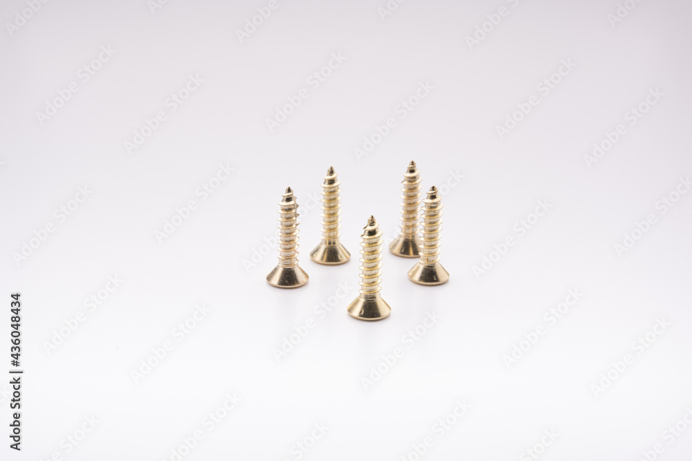 Five brass screws on a white gradient surface Five brass screws on a white gradient surface