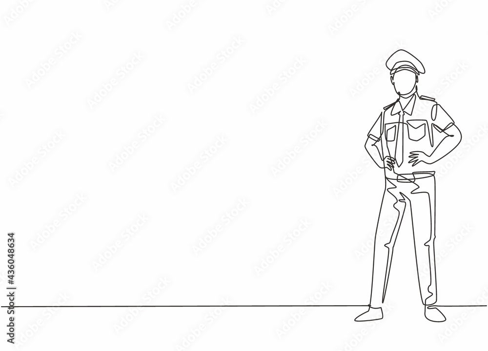 Single continuous line drawing of young male captain pilot wearing uniform and pose standing. Professional work job occupation. Minimalism concept one line draw graphic design vector illustration Single continuous line drawing of young male captain pilot wearing uniform and pose standing. Professional work job occupation. Minimalism concept one line draw graphic design vector illustration