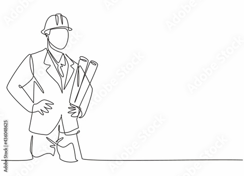 Single one line drawing of young male architect holding blueprint paper. Professional work profession and occupation minimal concept. Continuous line draw design graphic vector illustration