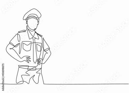Continuous one line drawing of young captain pilot pose wearing uniform before take off flight. Professional job profession minimalist concept. Single line draw design vector graphic illustration