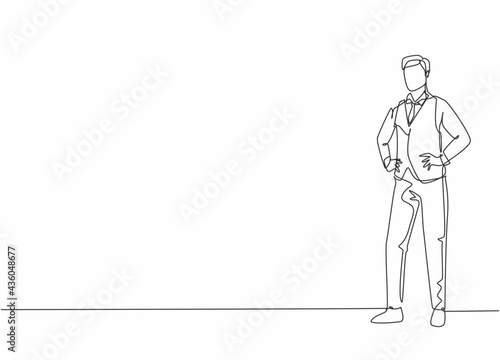 Single one line drawing of young male flight attendant pose standing at airplane. Professional work profession and occupation minimal concept. Continuous line draw design graphic vector illustration