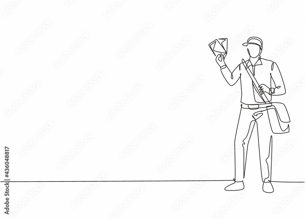 Continuous one line drawing of young mailman pose standing and holding envelopes while bringing bag. Professional job profession minimalist concept. Single line draw design vector graphic illustration