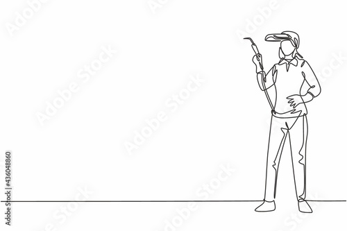 Continuous one line drawing of young beauty female welder holding weld nozzle with hands on hip. Professional job profession minimalist concept. Single line draw design vector graphic illustration