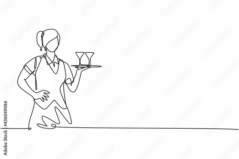 Continuous one line drawing of young female waitress bringing glass on tray with hands on hip. Professional job profession minimalist concept. Single line draw design vector graphic illustration