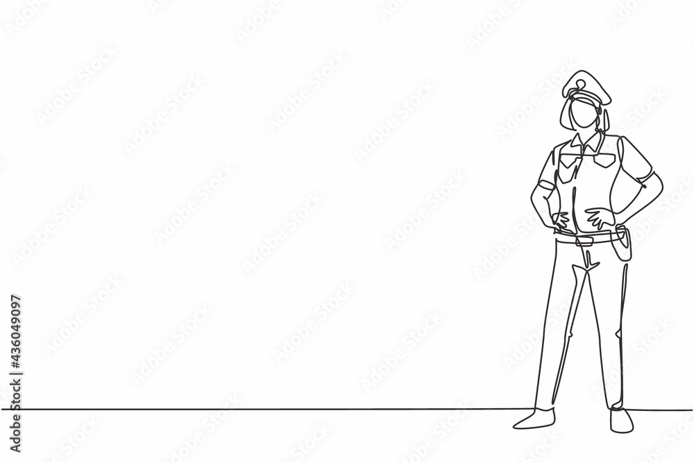 Continuous one line drawing of young beauty police woman on uniform standing with hands on hip. Professional job profession minimalist concept. Single line draw design vector graphic illustration