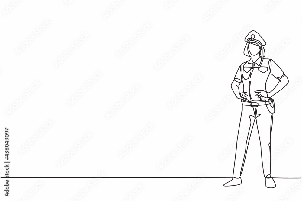 Continuous one line drawing of young beauty police woman on uniform standing with hands on hip. Professional job profession minimalist concept. Single line draw design vector graphic illustration Continuous one line drawing of young beauty police woman on uniform standing with hands on hip. Professional job profession minimalist concept. Single line draw design vector graphic illustration