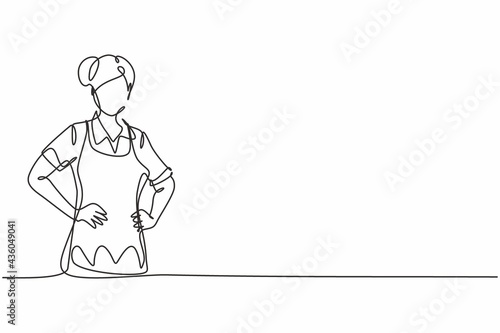 Single one line drawing of young beauty female house maid posing with hands on hip. Professional work profession and occupation minimal concept. Continuous line draw design graphic vector illustration