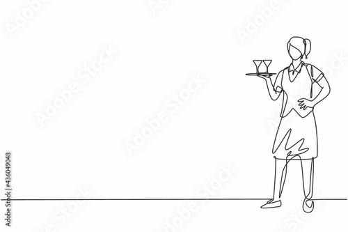 Continuous one line drawing of young beautiful female waitress holding tray with hands on hip. Professional job profession minimalist concept. Single line draw design vector graphic illustration