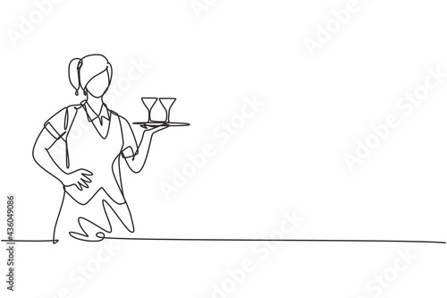 Continuous one line drawing of young female waitress bringing glass on tray with hands on hip. Professional job profession minimalist concept. Single line draw design vector graphic illustration