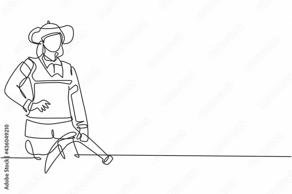 Single continuous line drawing of young beauty brave female firefighter holding hands on hip. Professional work job occupation. Minimalism concept one line draw graphic design vector illustration