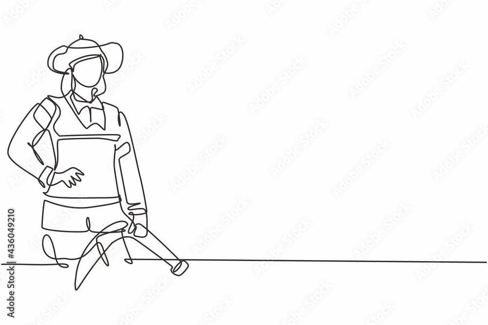 Single continuous line drawing of young beauty brave female firefighter holding hands on hip. Professional work job occupation. Minimalism concept one line draw graphic design vector illustration Single continuous line drawing of young beauty brave female firefighter holding hands on hip. Professional work job occupation. Minimalism concept one line draw graphic design vector illustration