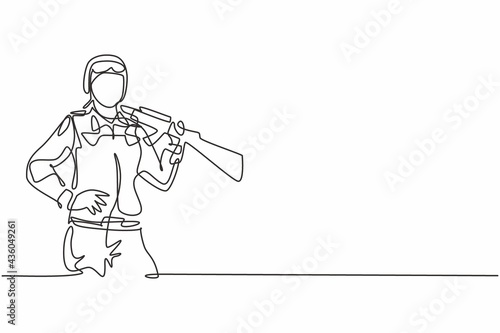 Single one line drawing of young brave female soldier posing with hands on hip. Professional work profession and occupation minimal concept. Continuous line draw design graphic vector illustration