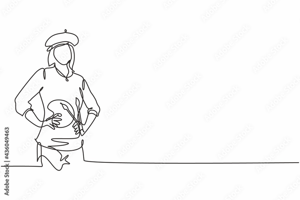 Continuous one line drawing of young female beautiful talented painter artist with hands on hip. Professional job profession minimalist concept. Single line draw design vector graphic illustration
