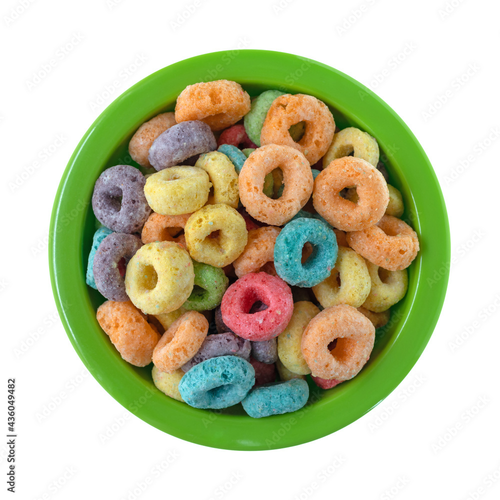 Green bowl filled with colorful whole grain oat breakfast cereal Green bowl filled with colorful whole grain oat breakfast cereal