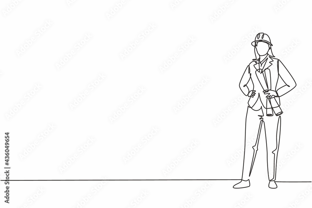 Continuous one line drawing of young female architect holding blueprint paper with hands on hip. Professional job profession minimalist concept. Single line draw design vector graphic illustration Continuous one line drawing of young female architect holding blueprint paper with hands on hip. Professional job profession minimalist concept. Single line draw design vector graphic illustration