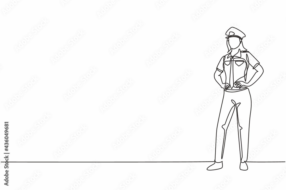 Continuous one line drawing of young beautiful female police on uniform standing with hands on hip. Professional job profession minimalist concept. Single line draw design vector graphic illustration Continuous one line drawing of young beautiful female police on uniform standing with hands on hip. Professional job profession minimalist concept. Single line draw design vector graphic illustration