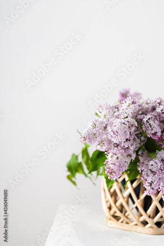 Fototapeta Naklejka Na Ścianę i Meble -  Purple lilac in vase on white background. Spring branches of blooming lilac festive bouquet of flowers. Copy space, product place. Flowers greeting card design, lilac cosmetics, poster