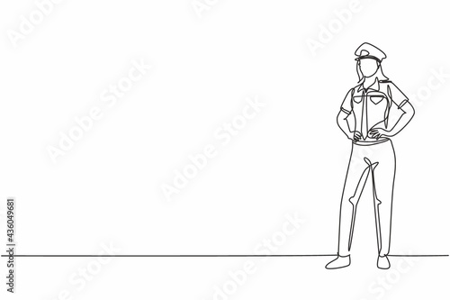 Continuous one line drawing of young beautiful female police on uniform standing with hands on hip. Professional job profession minimalist concept. Single line draw design vector graphic illustration © Simple Line