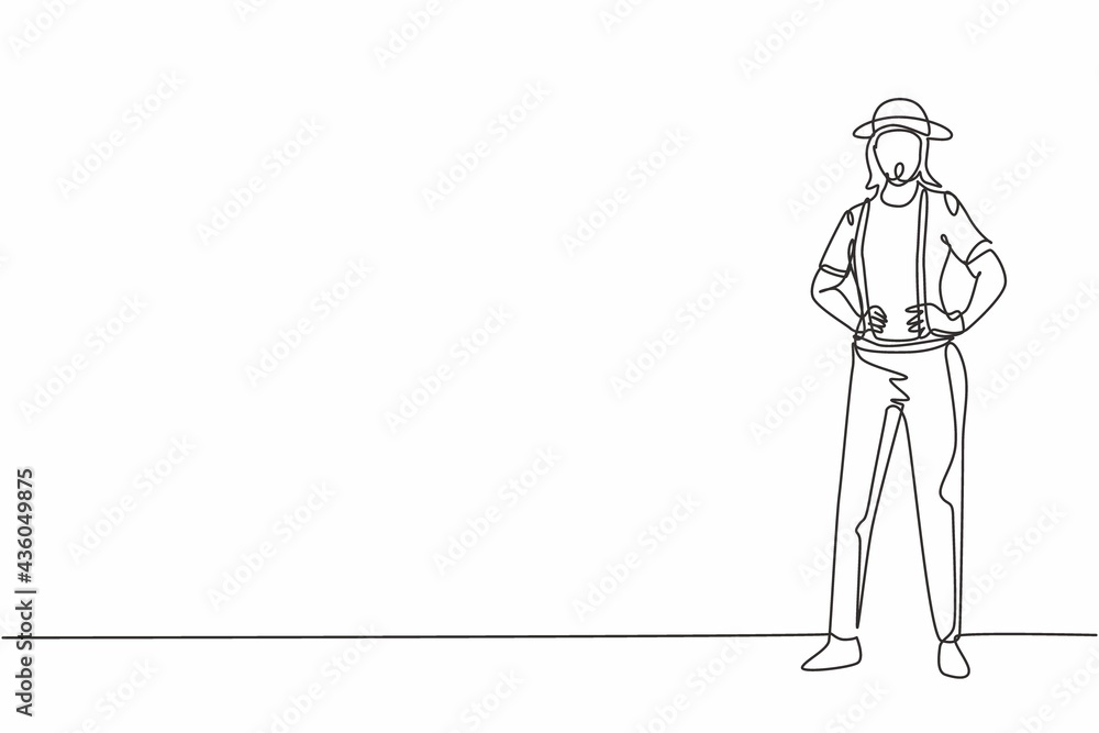 Single continuous line drawing young female mime artist with stripped shirt holding hands on hip. Professional work job occupation. Minimalism concept one line draw graphic design vector illustration