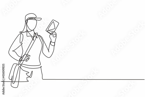Single one line drawing young mail woman hold letter and posing with hands on hip. Professional work profession and occupation minimal concept. Continuous line draw design graphic vector illustration photo