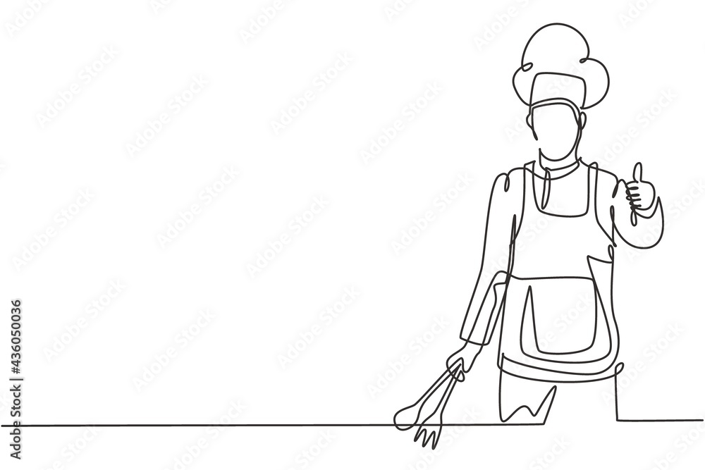 Single one line drawing of the chef with thumbs-up gestures and uniforms is ready to cook meals for guests at famous restaurants. Modern continuous line draw design graphic vector illustration.