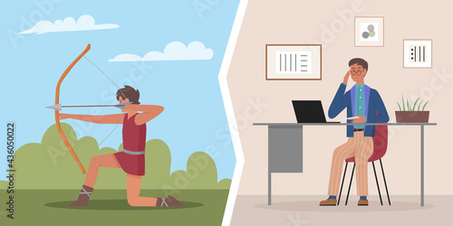 Human lifestyle, evolutionary progress vector illustration. Cartoon evolution from caveman to modern office worker, prehistoric stone age hunter hunting with bow, businessman working background