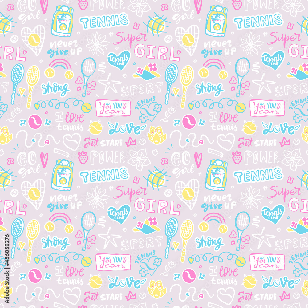 Seamless tennis pattern for kids textiles. Girly background with rackets, doodles, flowers, ball, text. Motivation slogan, sports phrases for t-shirt design, lettering. Seamless tennis pattern for kids textiles. Girly background with rackets, doodles, flowers, ball, text. Motivation slogan, sports phrases for t-shirt design, lettering.