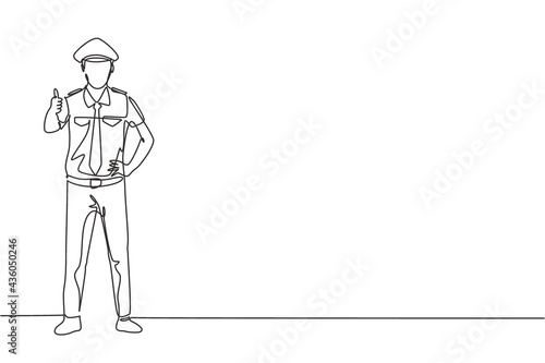 Single one line drawing of pilot stands with a thumbs-up gesture and complete uniform serves airplane passengers fly to their destination. Continuous line draw design graphic vector illustration.