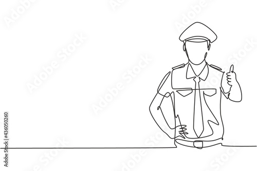 Single one line drawing of pilot with a thumbs-up gesture and full uniform is ready to fly with the cabin crew with the aircraft at the airport. Continuous line draw design graphic vector illustration