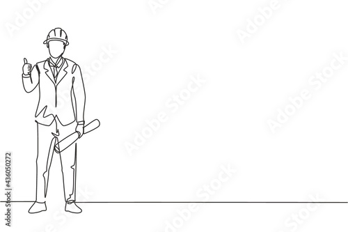 Continuous one line drawing architect stood with a thumbs-up gesture and wearing a helmet carrying a blueprint for the building's work plan. Single line draw design vector graphic illustration.
