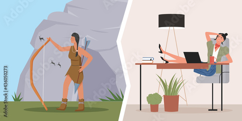 Primitive wild cavewoman and business lady, evolutionary comparison vector illustration. Cartoon young businesswoman character taking coffee break from office work, prehistoric girl standing with bow