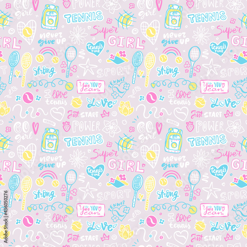 Seamless tennis pattern for kids textiles. Girly background with rackets, doodles, flowers, ball, text. Motivation slogan, sports phrases for t-shirt design, lettering.