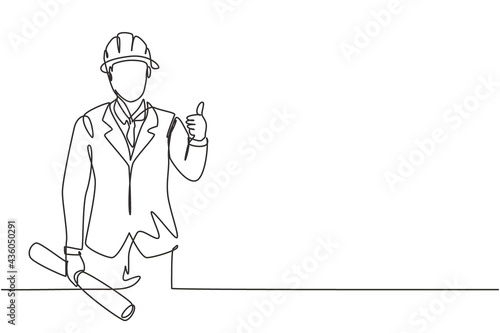 Continuous one line drawing the architect with a gesture of raising his thumb and wearing a helmet carried a building construction drawing paper. Single line draw design vector graphic illustration.