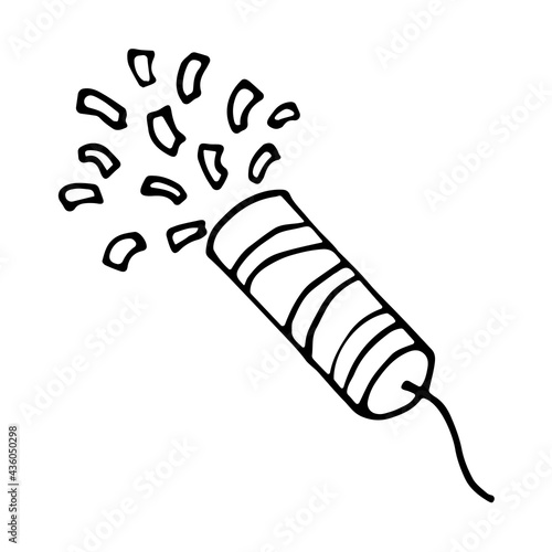 Vector party cracker with confetti in doodle style. Hand drawn illustration isolated on a white background. Party popper for gift cards or websites.