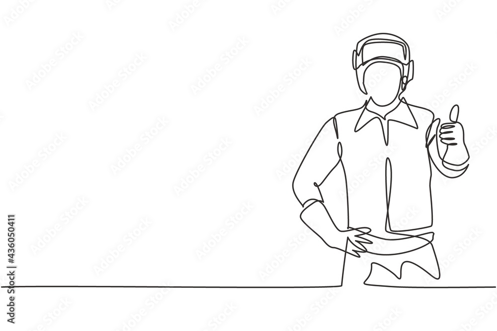 Single one line drawing of welder with a thumb-up gesture works in the construction of a building forming a steel frame that is melted by fire. Continuous line draw design graphic vector illustration. Single one line drawing of welder with a thumb-up gesture works in the construction of a building forming a steel frame that is melted by fire. Continuous line draw design graphic vector illustration.