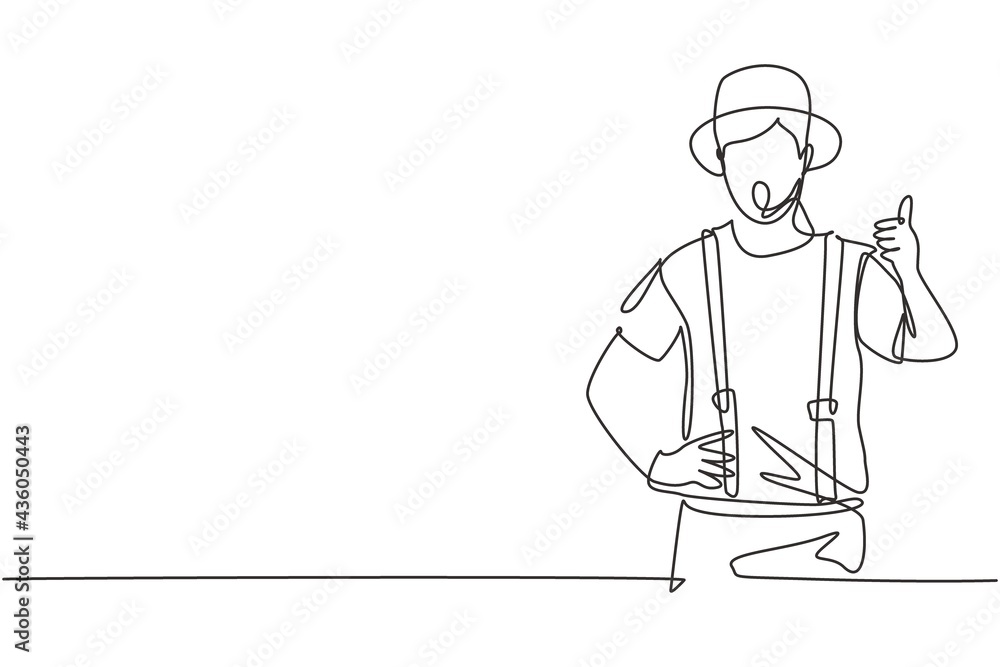 Single one line drawing of Mime Artist with thumbs-up gesture and white face make-up puts on a silent motion comedy show at circus arena. Modern continuous line draw design graphic vector illustration