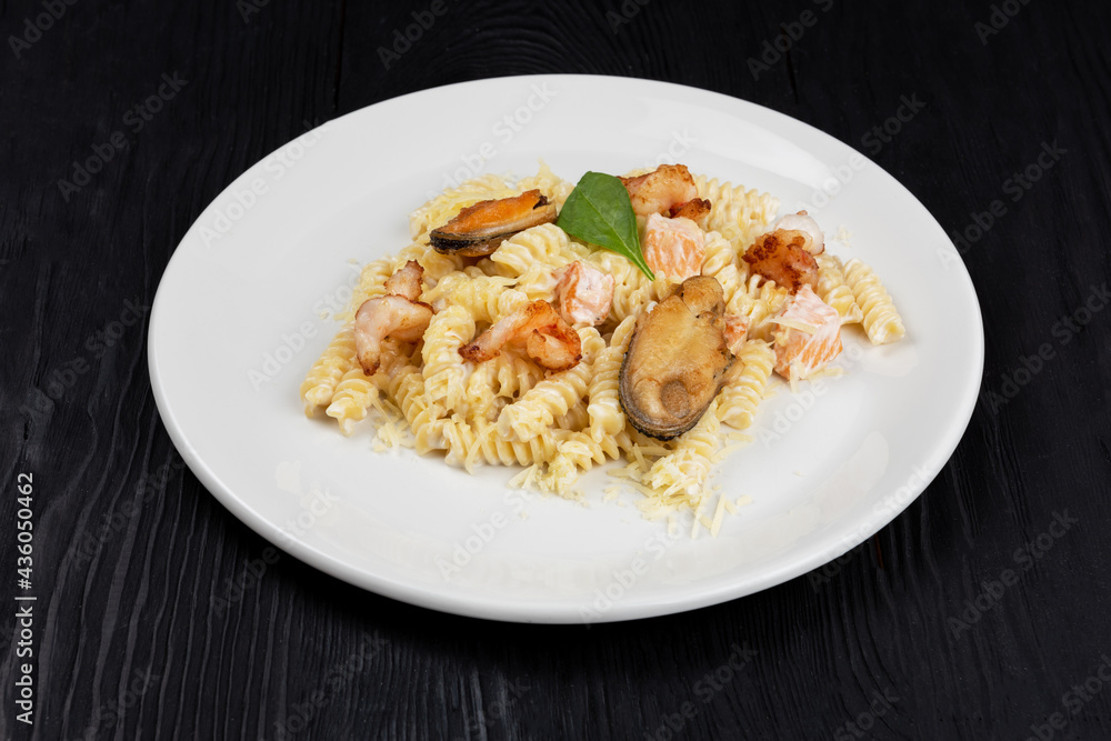 Seafood Pasta with mussels salmon and shrimps