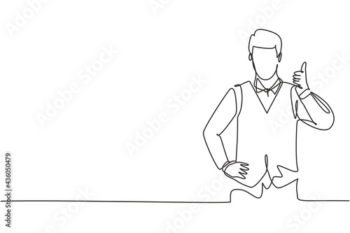 Single continuous line drawing the steward with a thumbs-up gesture is ready to serve airplane passengers in a friendly and warm manner. Dynamic one line draw graphic design vector illustration.