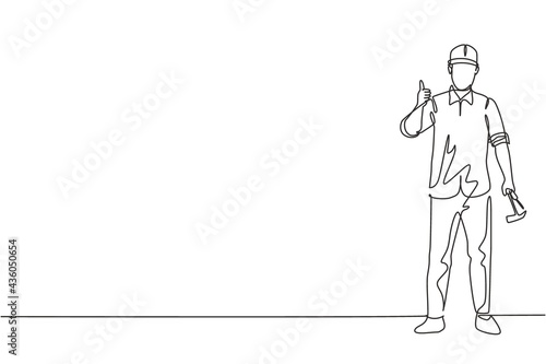 Continuous one line drawing a carpenter standing with a thumbs-up gesture works for the wood industry and must be skilled at using carpentry tools. Single line draw design vector graphic illustration