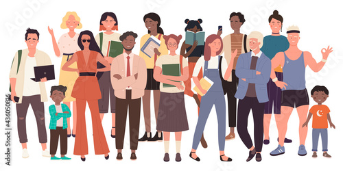 Diverse crowd, multiracial multicultural people group, civil society vector illustration. Cartoon multiethnic old young men and women, children standing together, social diversity isolated on white