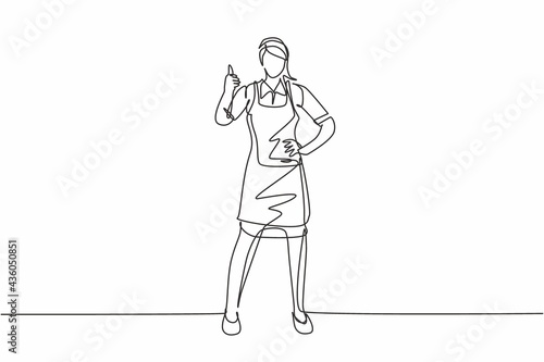 Continuous one line drawing maid in hotel stood with one hand on his waist and the other with a thumbs-up gesture. Working with great hospitality. Single line draw design vector graphic illustration