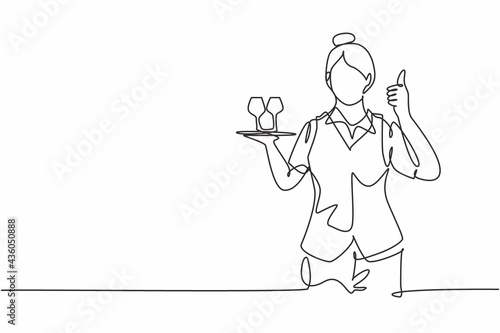 Single one line drawing of waitress with a thumbs-up gesture and brought a tray of drinking glasses serving visitors at the cafeteria. Modern continuous line draw design graphic vector illustration