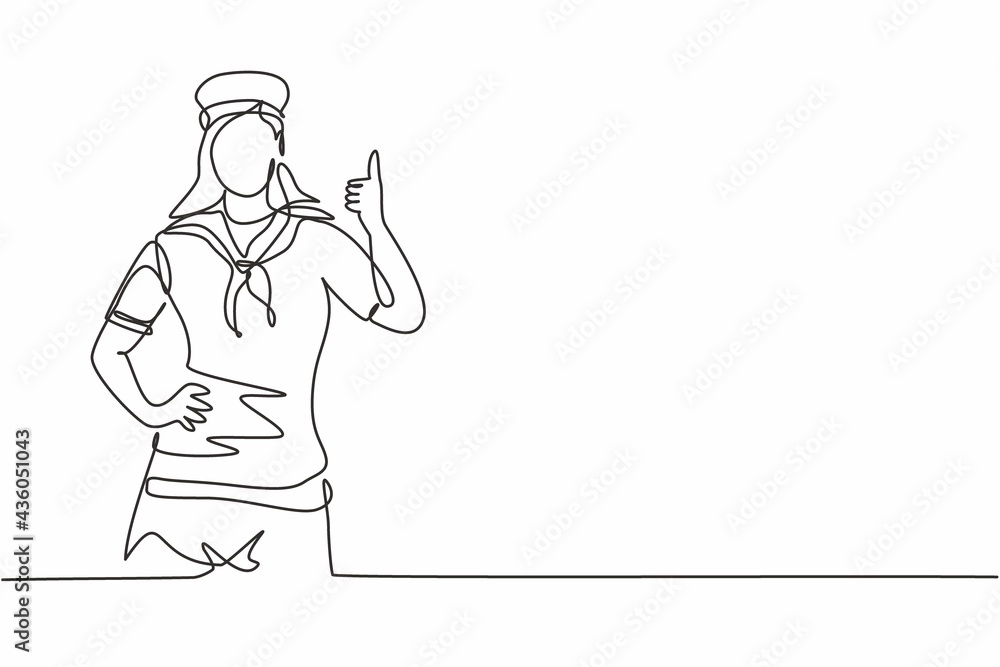 Single one line drawing of sailor woman with a thumbs-up gesture ready to sail across the seas in a ship that is headed by a captain. Modern continuous line draw design graphic vector illustration