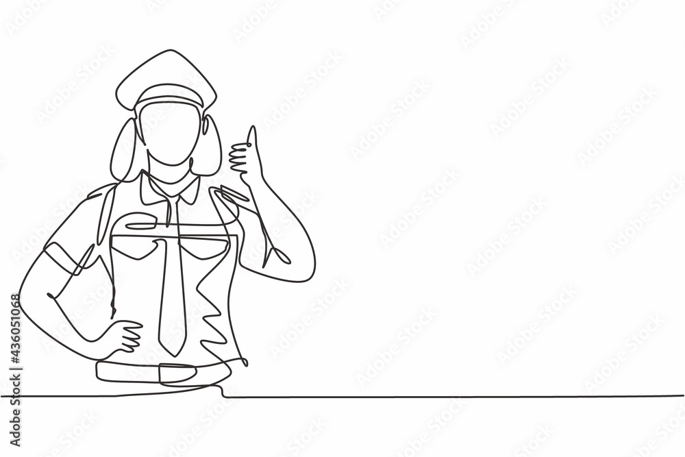 Single one line drawing of a woman pilot with a thumbs-up gesture and in full uniform ready to fly with the cabin crew on the plane at airport. Continuous line draw design graphic vector illustration Single one line drawing of a woman pilot with a thumbs-up gesture and in full uniform ready to fly with the cabin crew on the plane at airport. Continuous line draw design graphic vector illustration