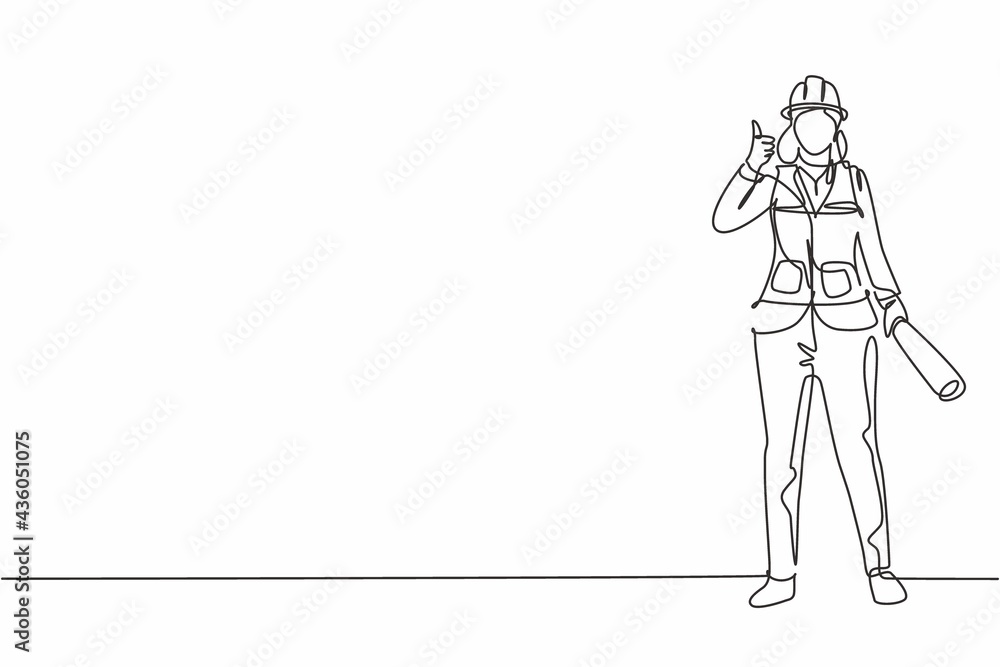 Continuous one line drawing the female architect stands with a thumbs-up gesture and wears a helmet with a blueprint for the building's work plan. Single line draw design vector graphic illustration. Continuous one line drawing the female architect stands with a thumbs-up gesture and wears a helmet with a blueprint for the building's work plan. Single line draw design vector graphic illustration.