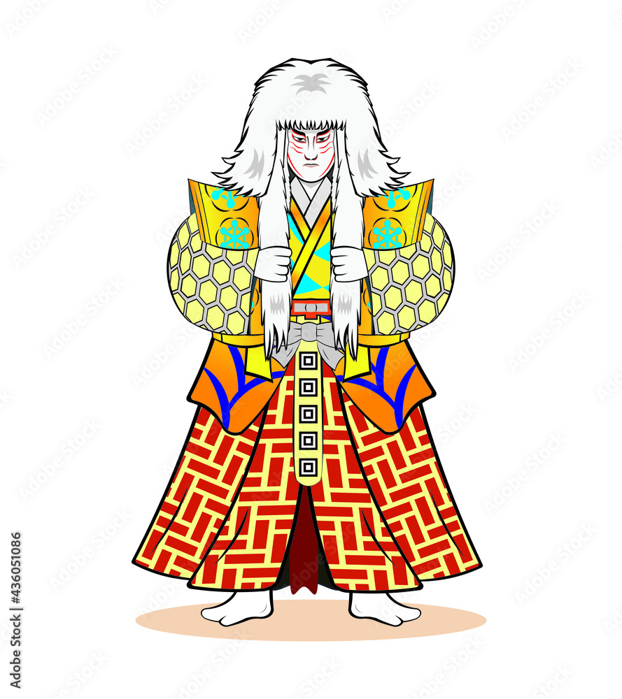 Kabuki – classical Japan drama with Long hair actor in luxury Kimono dress drawing in cartoon vector