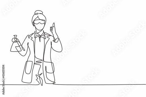 Single one line drawing of female scientist with a thumbs-up gesture and hold measuring tube examining the chemical solution to make a vaccine. Continuous line draw design graphic vector illustration