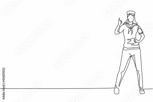 Single one line drawing of sailor woman stands with a thumbs-up gesture to be part of a cruise ship carrying passengers traveling across seas. Continuous line draw design graphic vector illustration